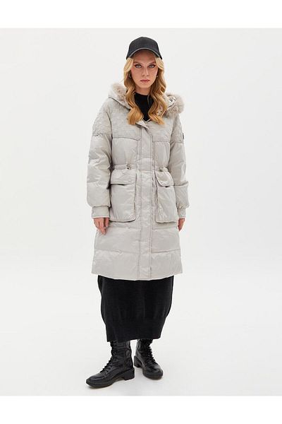Kayra Faux Fur Fabric Garnished Goose Down Coat Light Gray