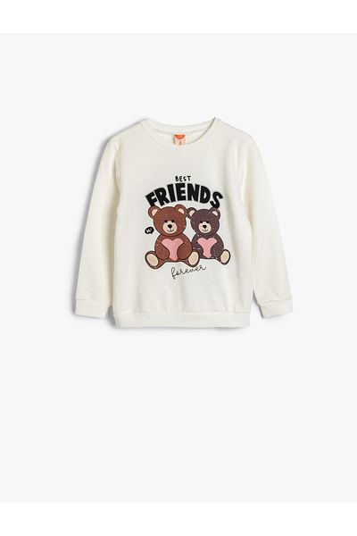 Koton Teddy Bear Printed Cotton Long Sleeve Sweatshirt - Crew Neck Raised