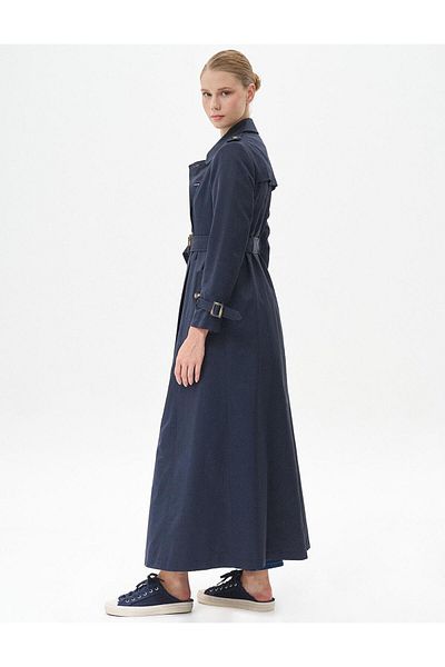 Kayra Dark Navy Blue Double Breasted Overcoat - Bone Buttoned