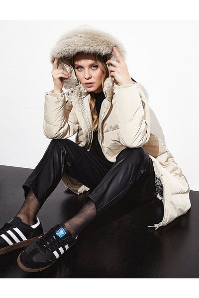 Kayra Quilted Stand Collar Hooded Fur Coat Cream