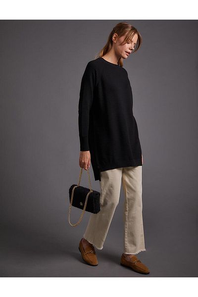 Kayra Stripe Textured Crew Neck Knitwear Tunic Black