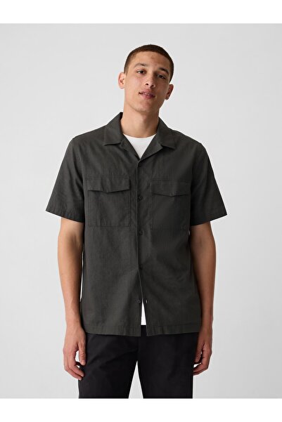 GAP Erkek Siyah Keten Karışımlı Utility Gömlek