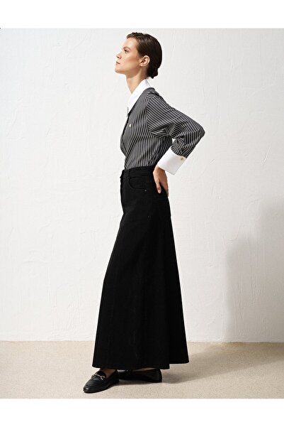 Kayra Düğme Detaylı Yüksek Bel Denim Etek Siyah