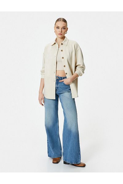 Koton Suede Shirt Jacket Buttoned Classic Collar