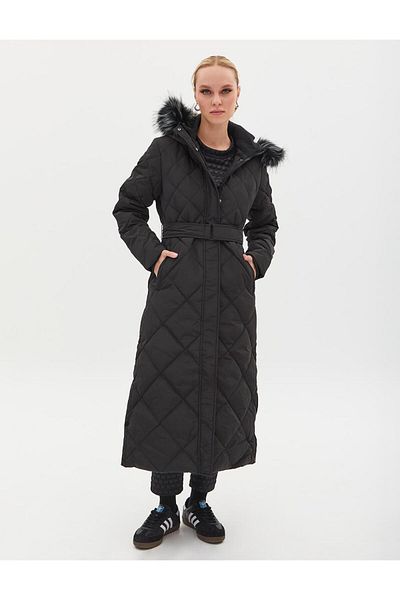 Kayra Black Faux Fur - Diamond Patterned Goose Feather Coat