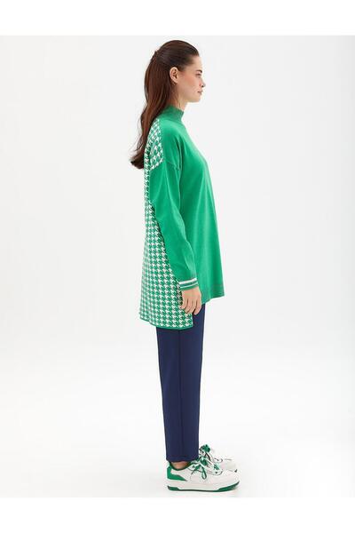 Kayra Kazayağı Desenli Triko Tunik Yeşil