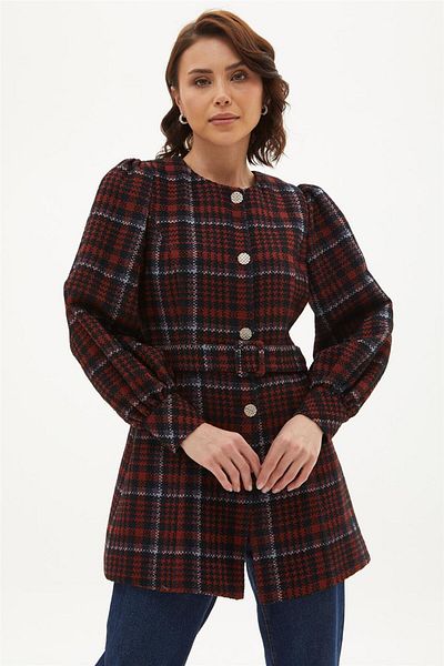 Kayra Dark Navy Plaid Balloon Sleeve Jacket