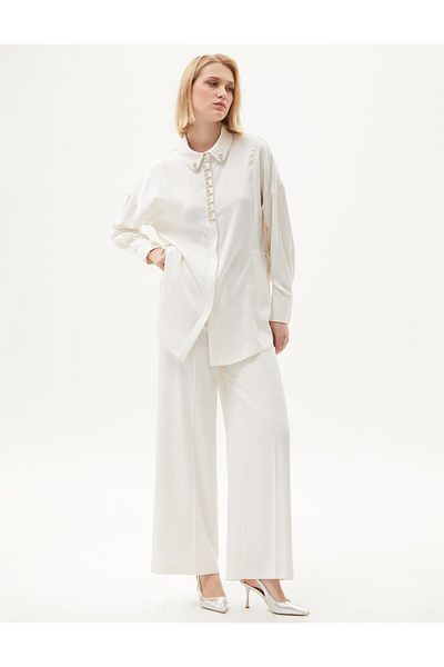 Kayra Ecru Satin Tunic - Patı Embroidered