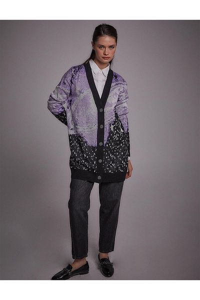 Kayra Cardigan exclusiv din tricot cu model Galaxy Liliac