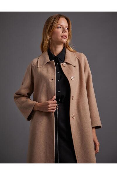 Kayra Premium μάλλινο παλτό με φαρδύ γιακά μπεζ