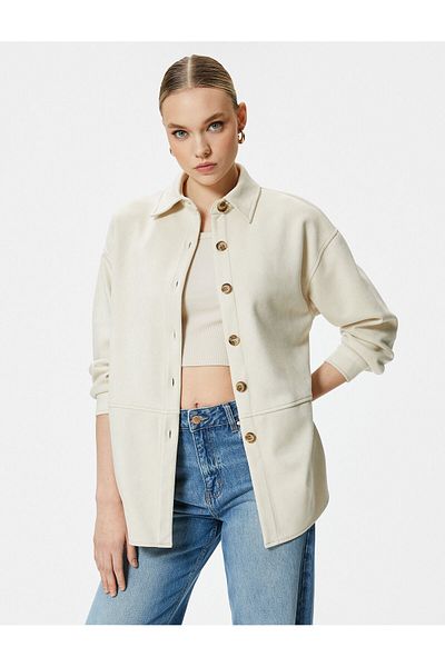 Koton Suede Shirt Jacket Buttoned Classic Collar