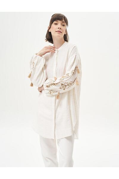 Kayra Cream Colored Embroidered Judge Collar Tunic