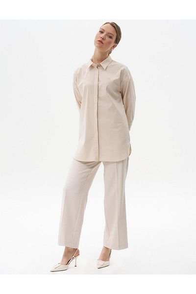 Kayra Cream Colored Basic Poplin Shirt Collar Tunic