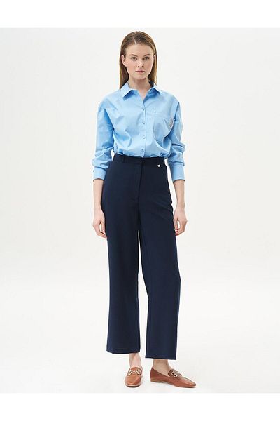 Kayra Navy Blue Wide Leg Basic Crepe Trousers