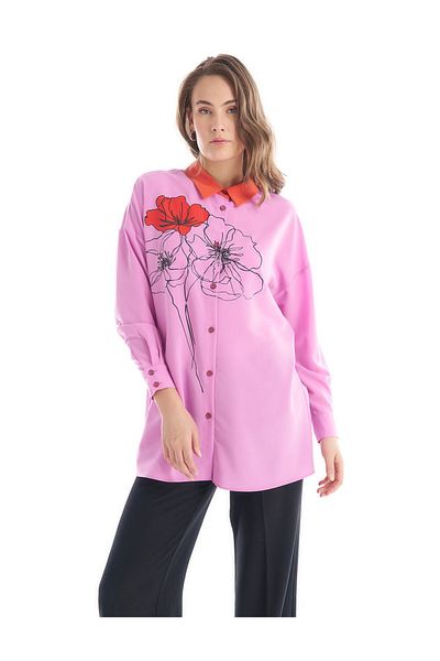 Kayra Bluză cu guler cămașă cu imprimeu floral roz caramel