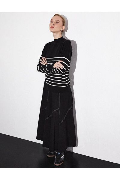 Kayra Black Turtleneck Striped Knitwear Sweater - Optical White