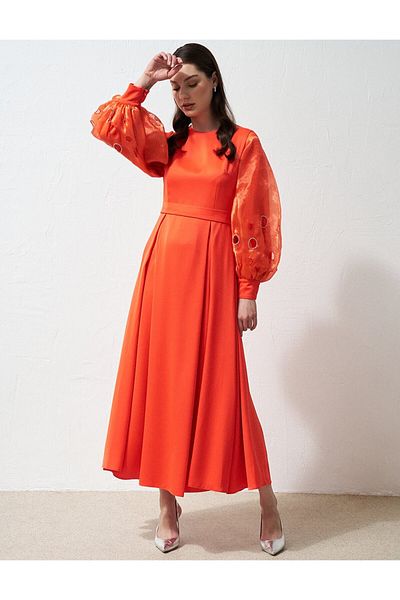 Kayra Coral Embroidered Satin Dress