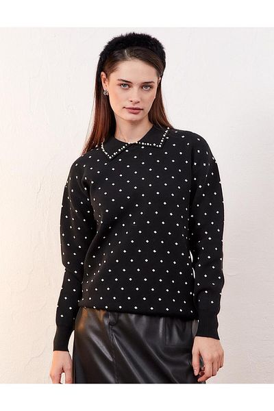 Kayra Black Polka Dot and Bead Embroidered Knitwear Sweater - Optical White