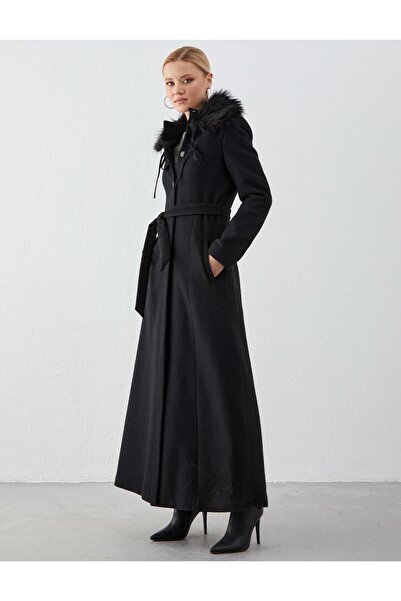 Kayra Full Length Stitched Coat with Fur Collar Black