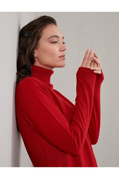 Kayra Basic Turtleneck Knitwear Tunic Red Sz Trk40