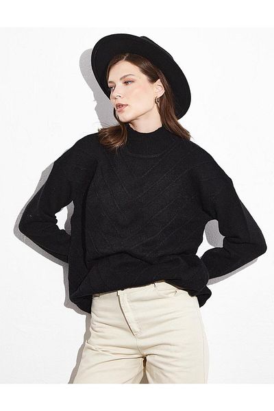 Kayra Exclusive Turtleneck Textured Knitwear Tunic Black