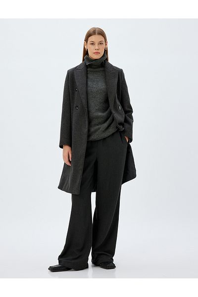 Koton Double Breasted Long Stamp Coat with Hidden Pockets