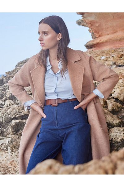 Kayra Palton din lână premium cu buzunar adânc Camel deschis