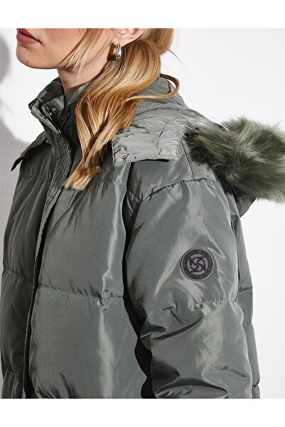 Kayra Quilted Stand Collar Hooded Fur Coat Mold Green