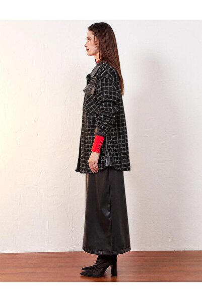 Kayra Checkered Faux Leather Detailed Jacket Black