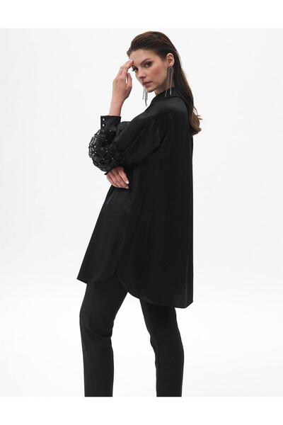 Kayra Kol Detaylı Saten Tunik Siyah