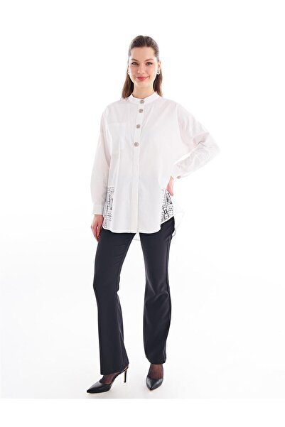 Kayra Optical White Lace Detailed Stand Collar Blouse