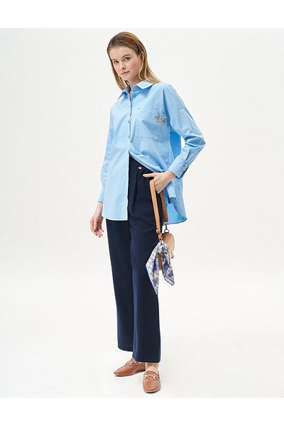 Kayra Navy Blue Basic Trousers - Pleated and Pocket Detail