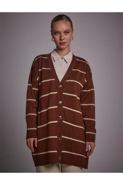 Kayra Tricotaj cu dungi Cardigan Roșu Maro-Piatră