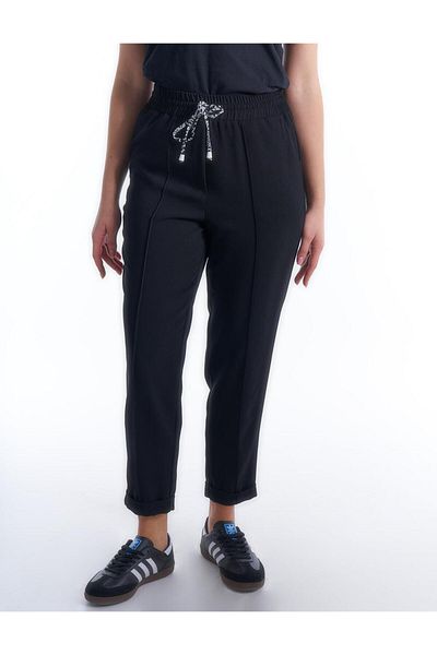 Kayra Black Lace-Up Elastic Waist Trousers