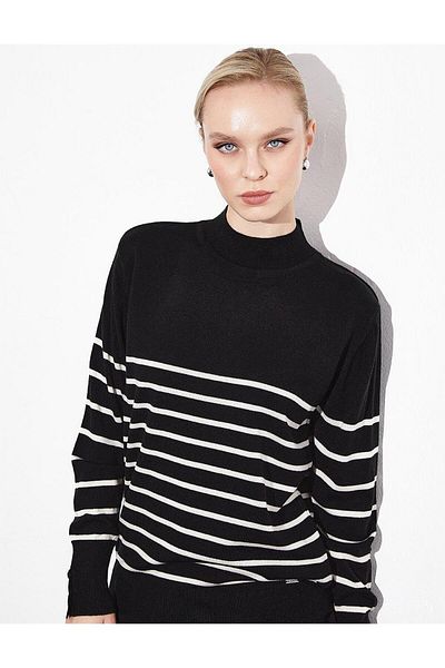 Kayra Black Turtleneck Striped Knitwear Sweater - Optical White