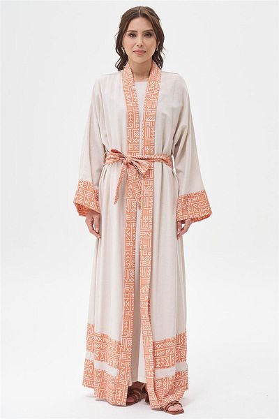 Mood Elite Beige-Orange Linen Kimono Set - Embroidery Detailed