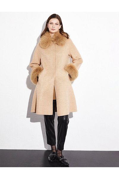 Kayra Palton cu dungi din lână premium Camel deschis