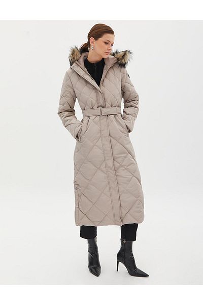 Kayra Stone Colored Diamond Patterned Faux Fur Goose down Coat