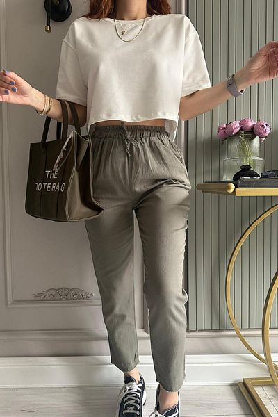 Fashion Friends Khaki Gabardine Linen Trousers