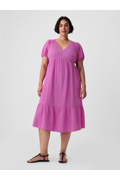GAP Kadın Pembe Crinkle Gauze Midi Elbise