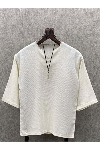 FıttingRoom Oversize Bohem Fakir Kol Pis Uç Yaka Krem Pamuk Keten Tshirt