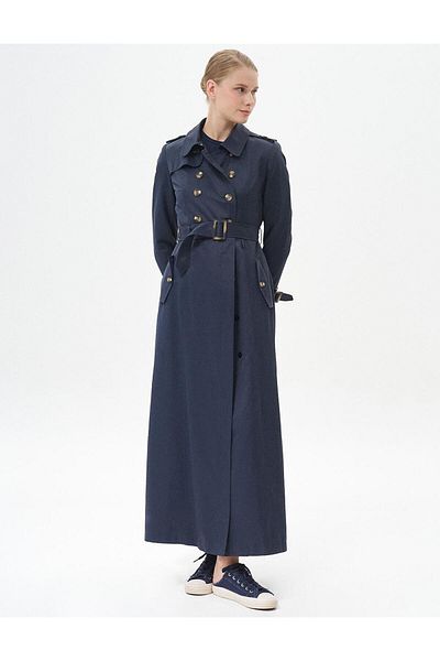 Kayra Dark Navy Blue Double Breasted Overcoat - Bone Buttoned