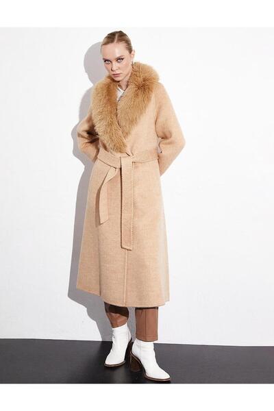 Kayra Premium μάλλινο γούνινο παλτό με διπλό στήθος με ζώνη Camel