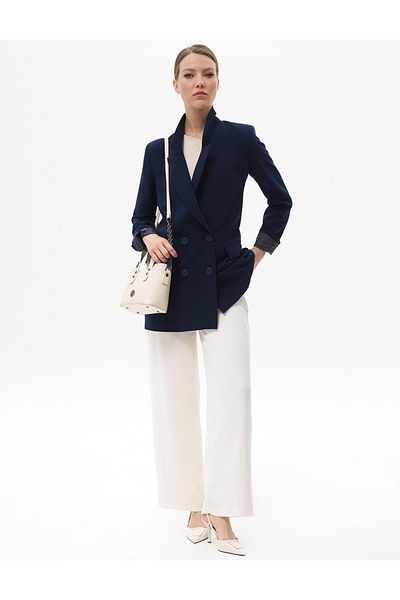 Kayra Μπουφάν Navy Blue Crepe Blazer - Με τσέπη με καπάκι