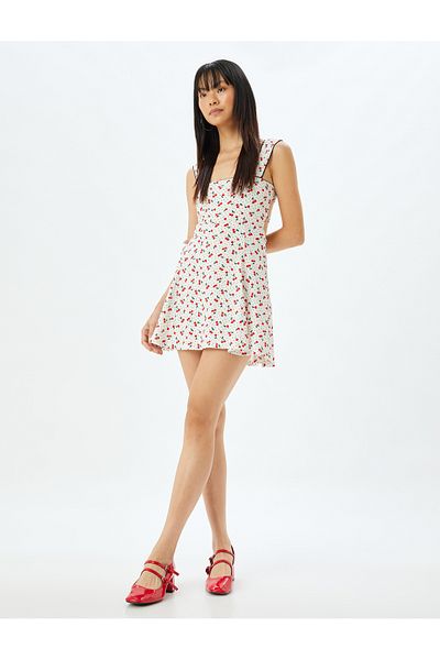 Koton Μίνι φόρεμα Cherry Printed - Λεπτομέρεια στην πλάτη, Χοντρές τιράντες, Τετράγωνος γιακάς