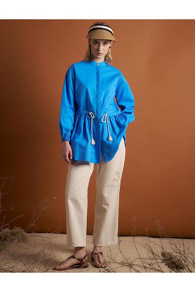 Kayra Φούντα Judge Collar Cotton Tunic Sky Blue