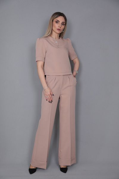 ÖNDER ÖZSOY Boat Neck Short Sleeve Blouse & Double Leg High Waist Trousers Set-stone