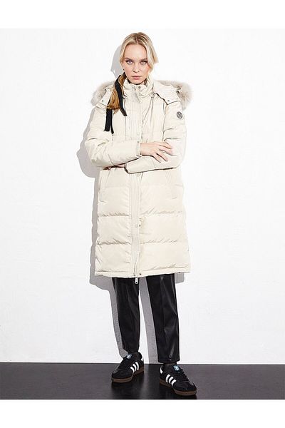Kayra Quilted Stand Collar Hooded Fur Coat Cream