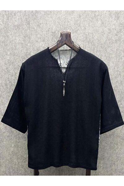 FıttingRoom Oversize Bohem Fakir Kol Pis Uç Yaka Siyah Pamuk Keten Tshirt