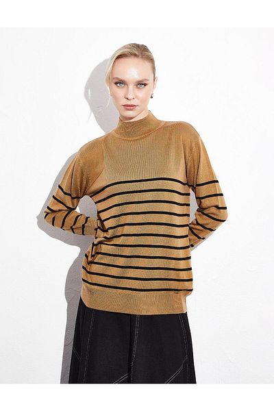 Kayra Beige Black Turtleneck Striped Knitwear Sweater